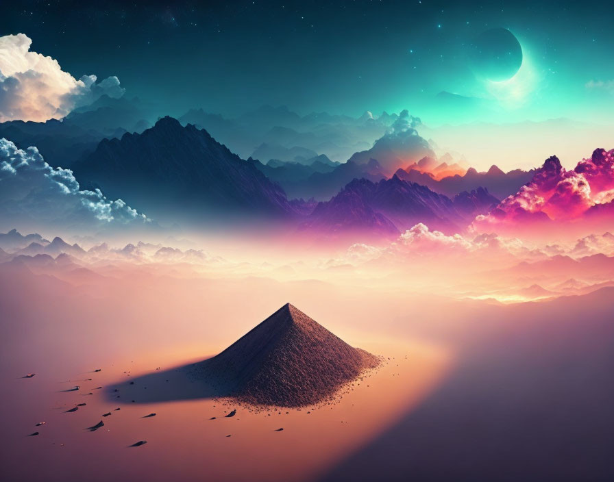 Surreal landscape with pyramid, misty mountains, twilight sky