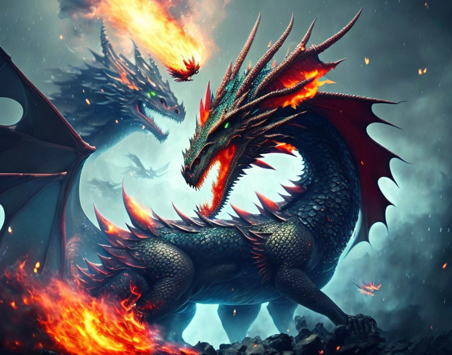 Two dragons breathing fire in dramatic fiery landscape