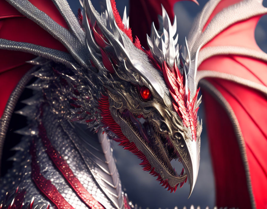 Detailed Close-Up of Metallic Dragon with Red Eyes and Silver Scales