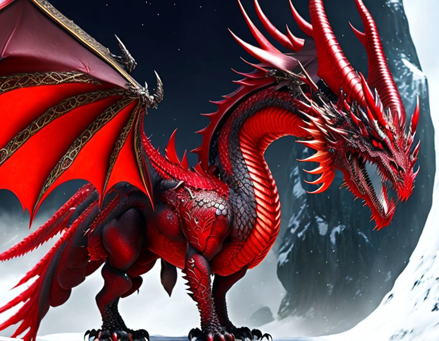 Red dragon with wings and spikes in front of snowy mountain.