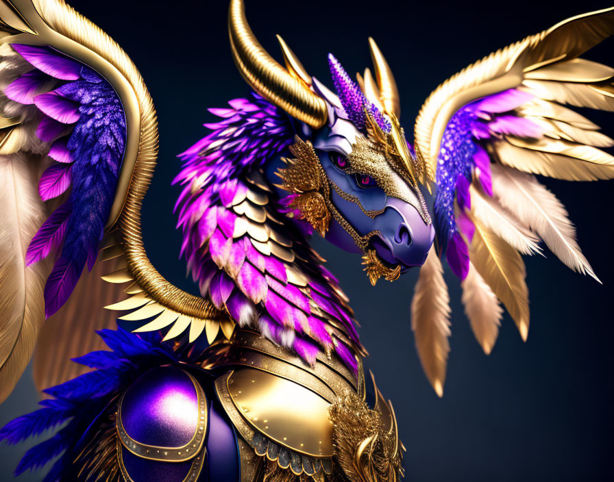 Majestic fantasy dragon with golden horns and colorful wings