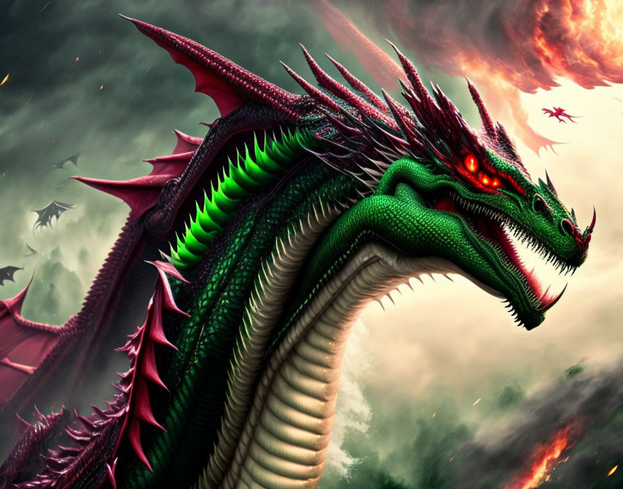 Green and red dragon with glowing eyes in dramatic battle scene