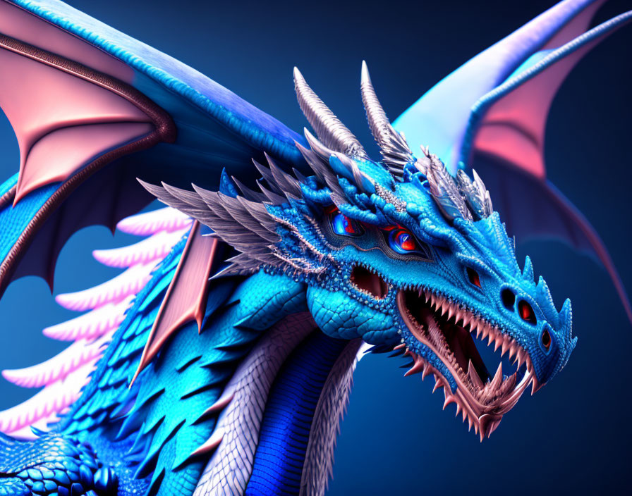 Detailed 3D illustration of blue dragon with horns and red eyes