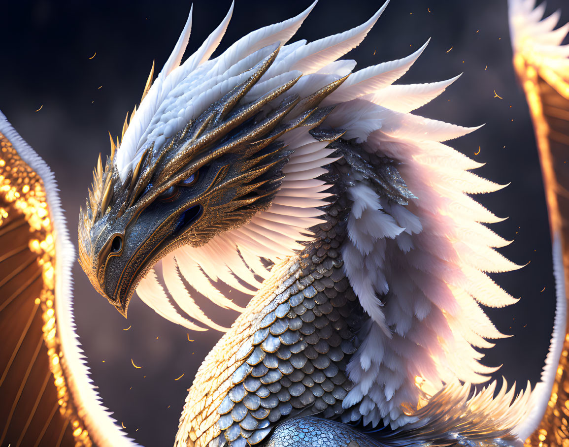 Majestic dragon with shimmering scales and piercing eyes in fiery backdrop