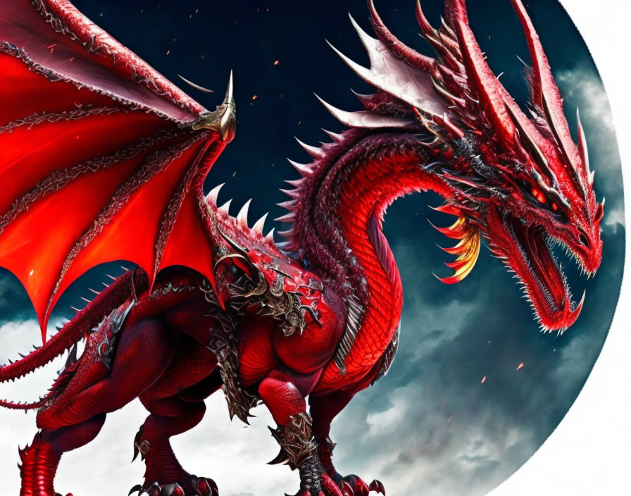 Red Dragon with Outstretched Wings in Moonlit Sky