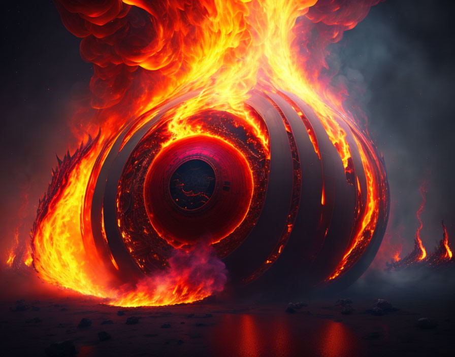 Burning spherical structure in dark, fiery landscape