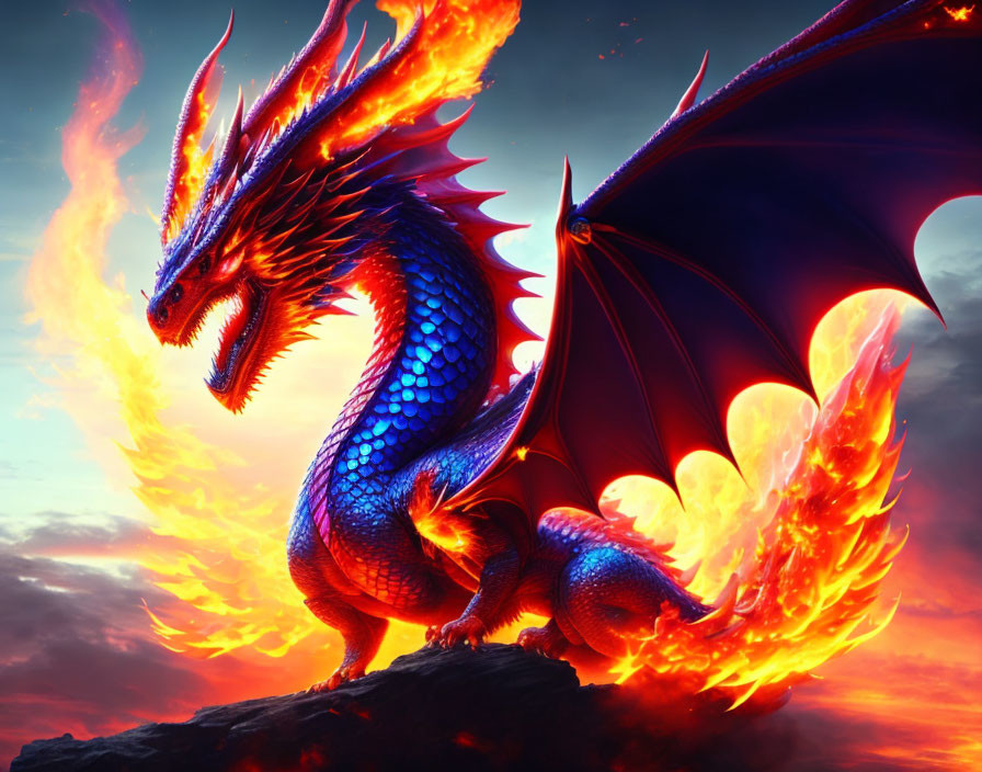 Blue dragon with red-orange wings breathing fire at dusk