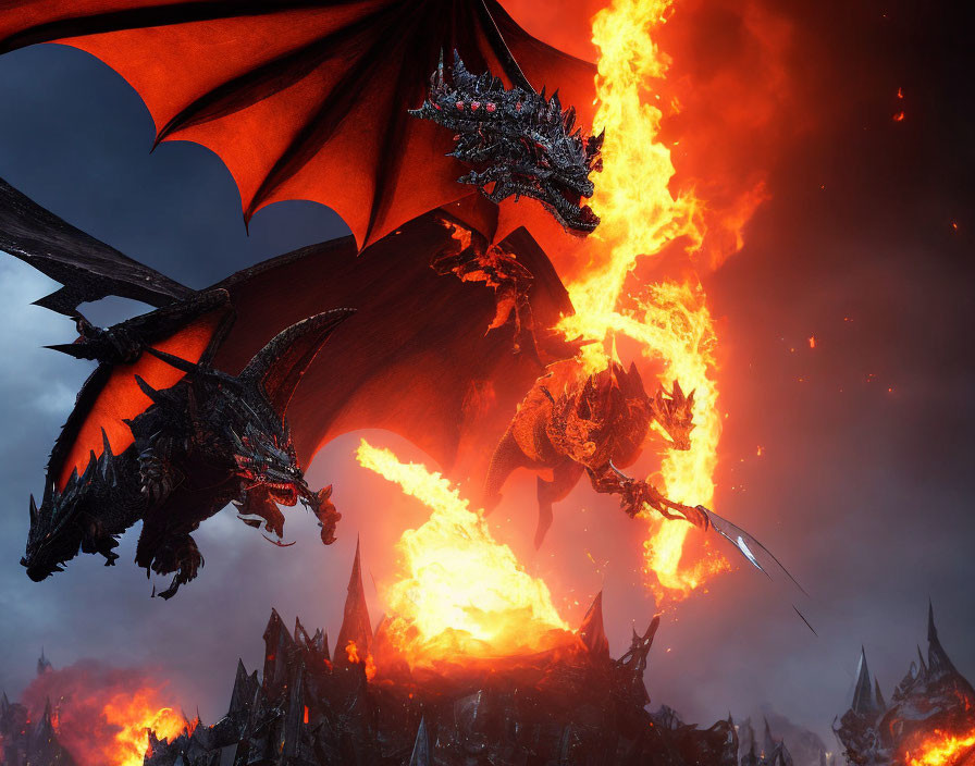 Black dragon breathing fire in dark infernal landscape