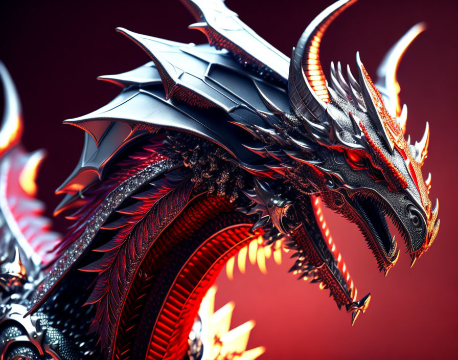 Detailed Black and Red Dragon Artwork on Moody Red Background