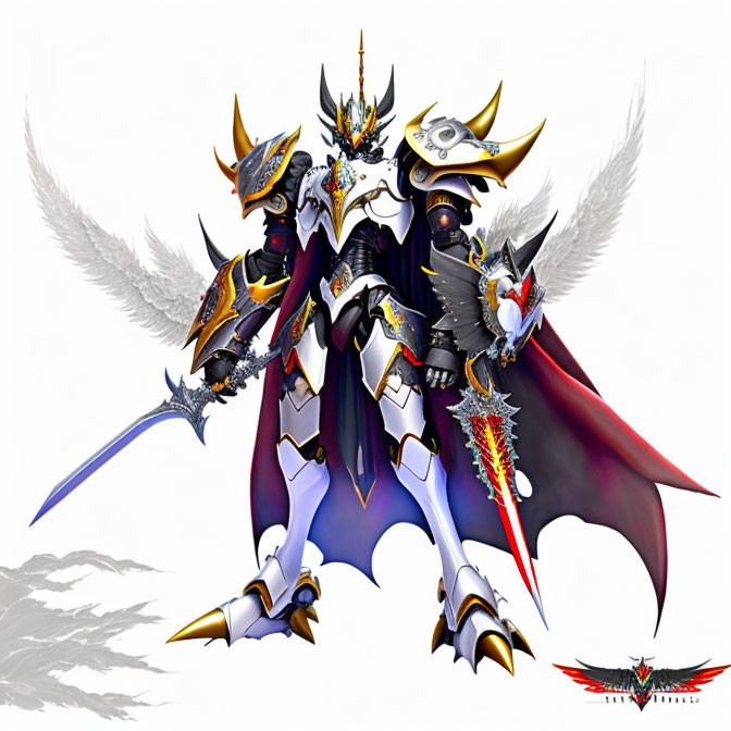 Armored angelic figure with horned helmet and swords on white background