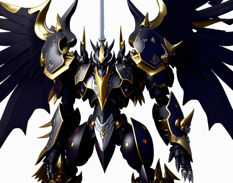 Armored figure with black and gold plating and large wings holding a sword.