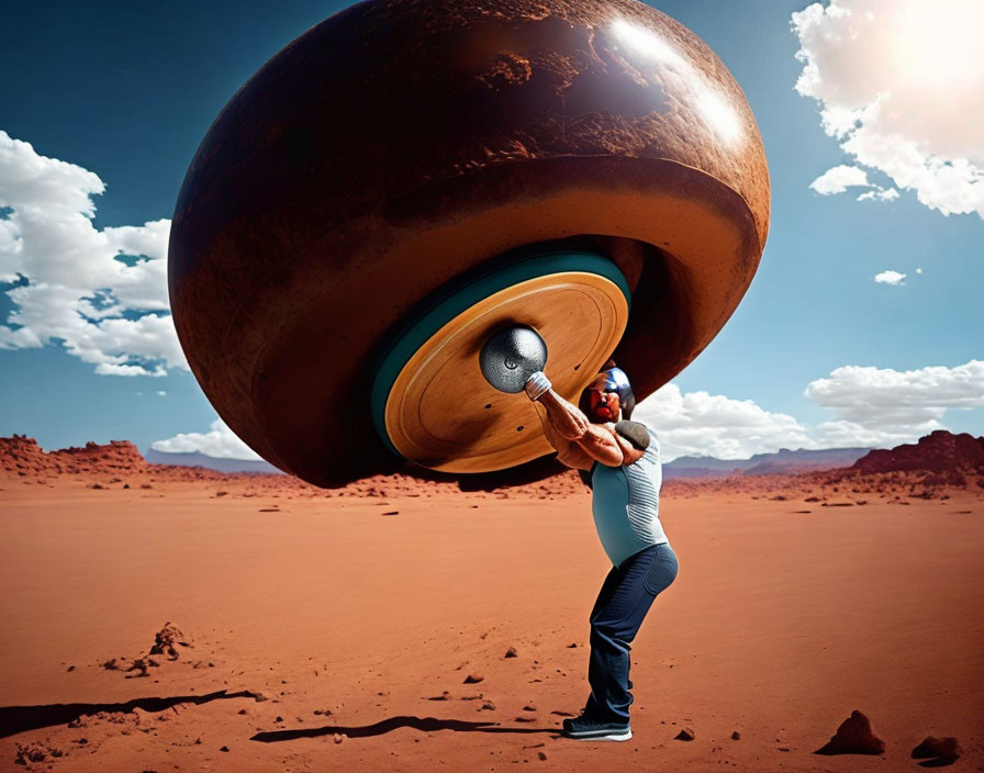 Surreal desert landscape with person lifting giant barbell and planetary weights