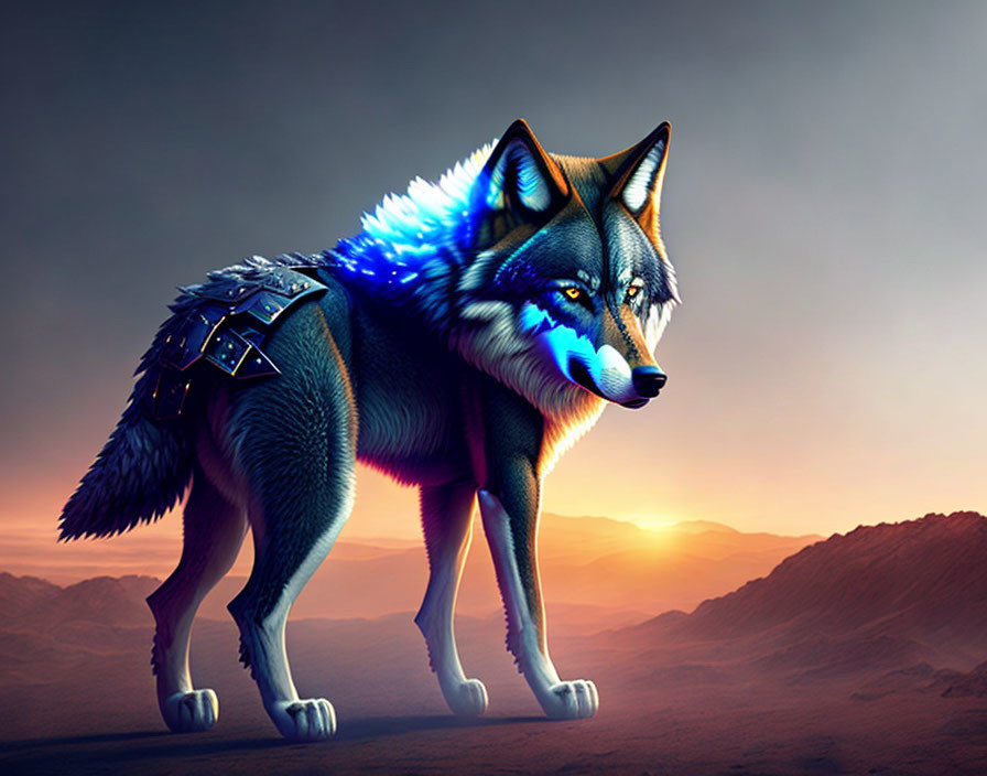 Digital Artwork: Wolf with Blue Glowing Eyes in Desert Sunset