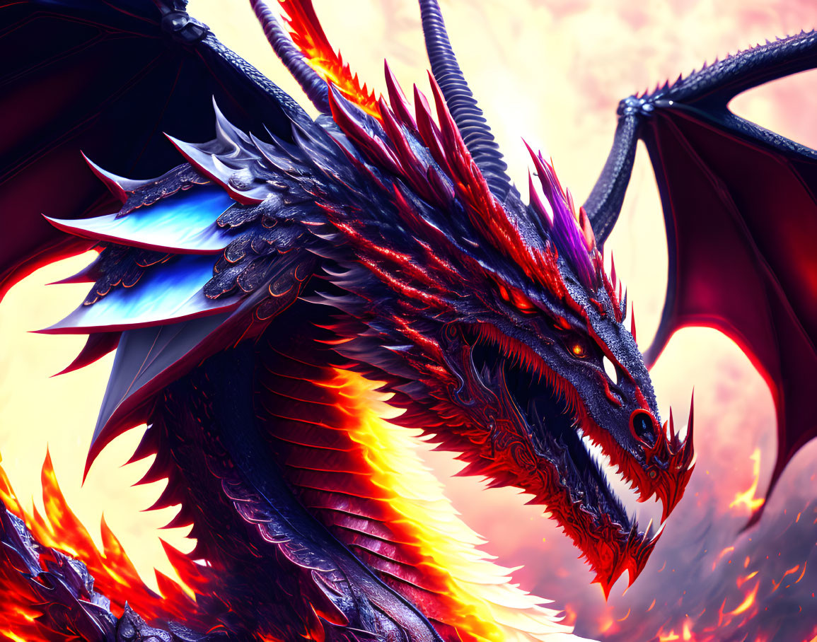 Vibrant red and black dragon with fiery orange accents in digital art