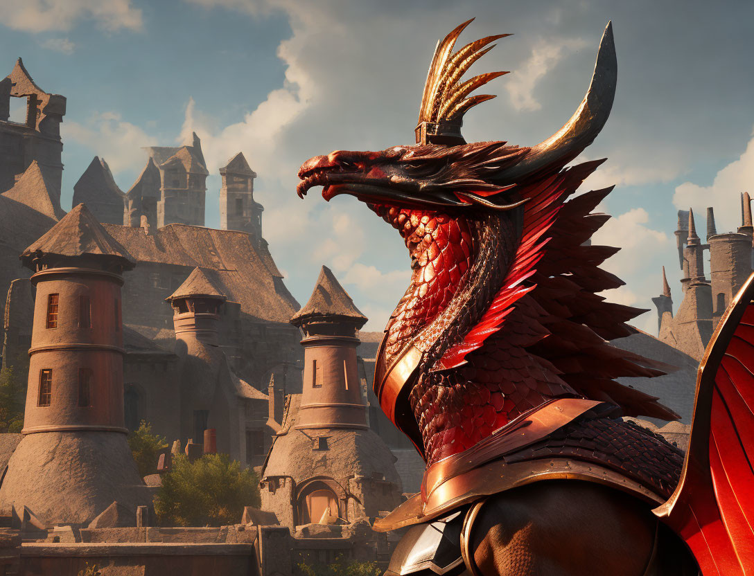 Red dragon in armor with castle under cloudy sky