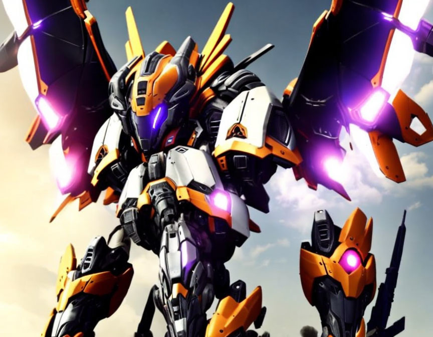 Three orange and white robotic mechs with purple thrusters on cloudy sky.