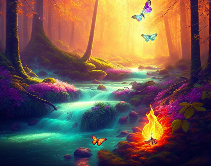 Fantasy forest scene with glowing river, colorful foliage, butterflies, and warm light