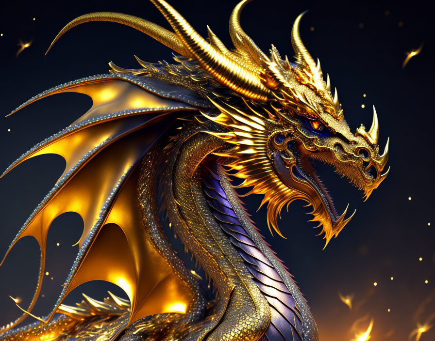 Golden dragon with intricate horns and shimmering scales in mystical ambiance