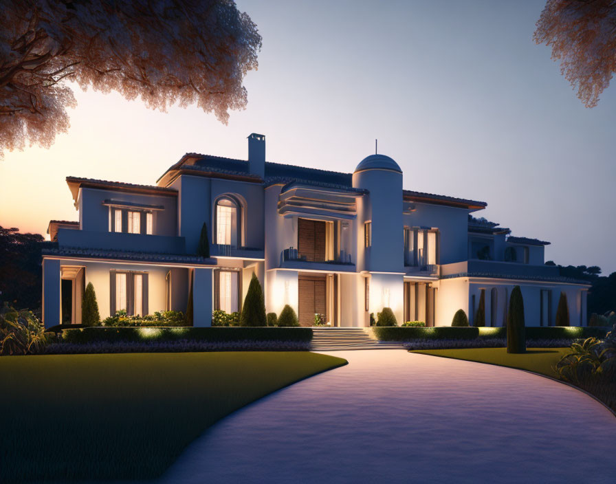 Luxurious Mansion with Illuminated Windows and Manicured Gardens at Dusk