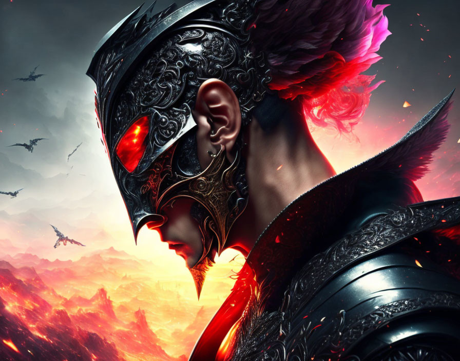 Digital artwork: Figure in elaborate armor and helmet with glowing red eye against dramatic sky with flying birds