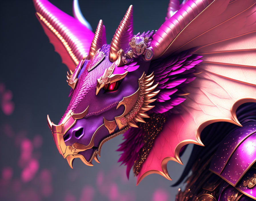 Detailed Purple and Gold Armored Dragon on Pink Background