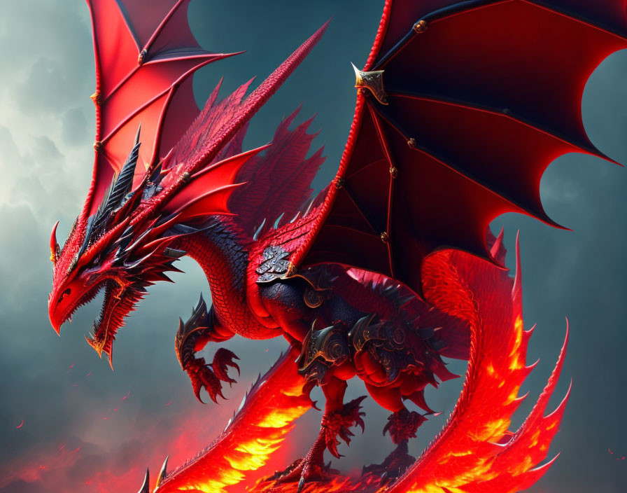 Majestic red dragon with expansive wings in stormy sky