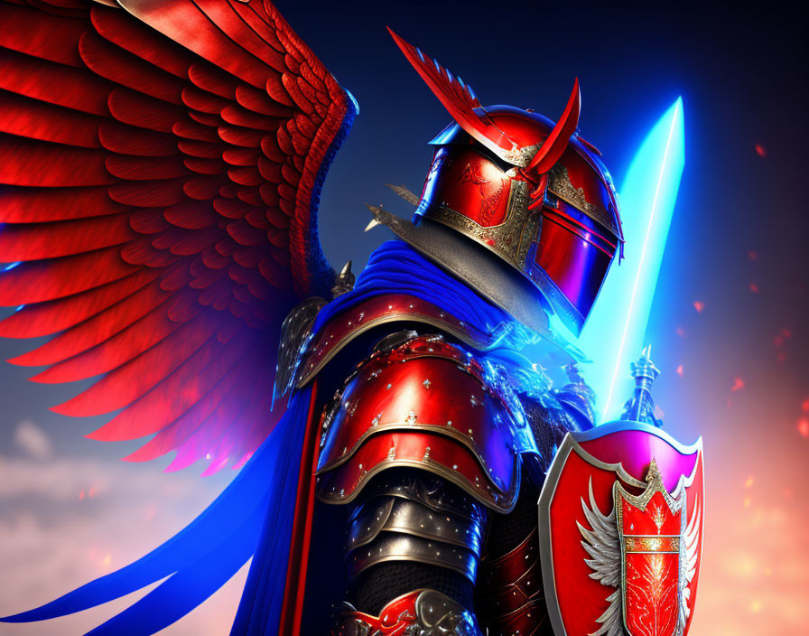 Winged knight in red armor wields glowing blue sword