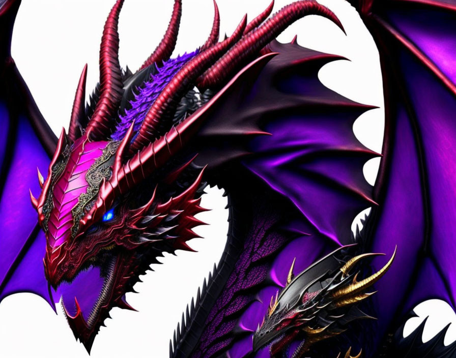 Detailed Illustration of Fierce Red & Black Dragon with Horns & Purple Wings