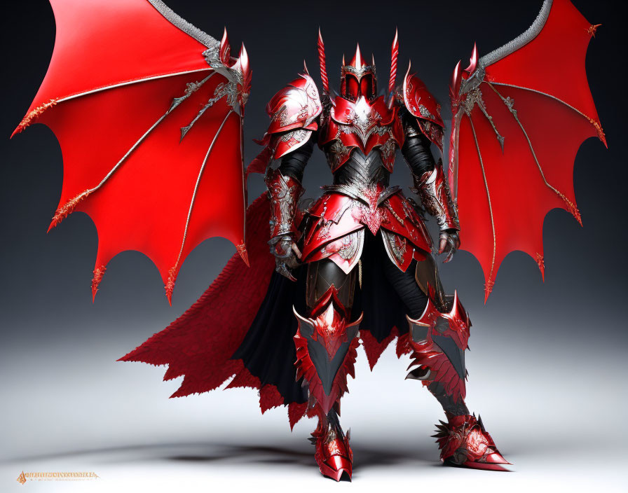 Fantasy warrior in red and black dragon armor with wings and sharp talons