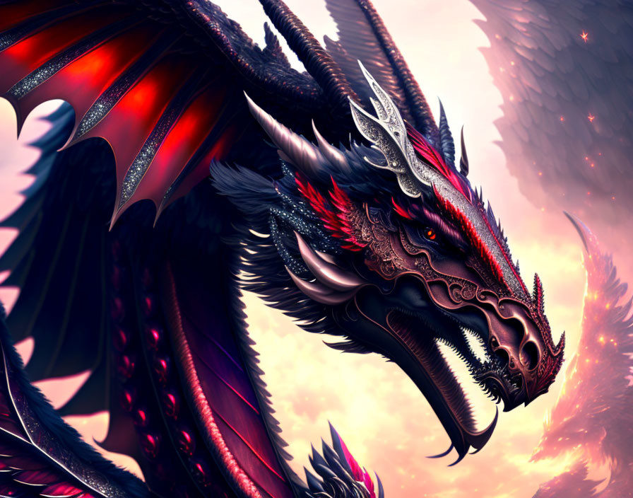 Detailed digital artwork: Fierce dragon with red eyes, horns, black and red scales, under dramatic