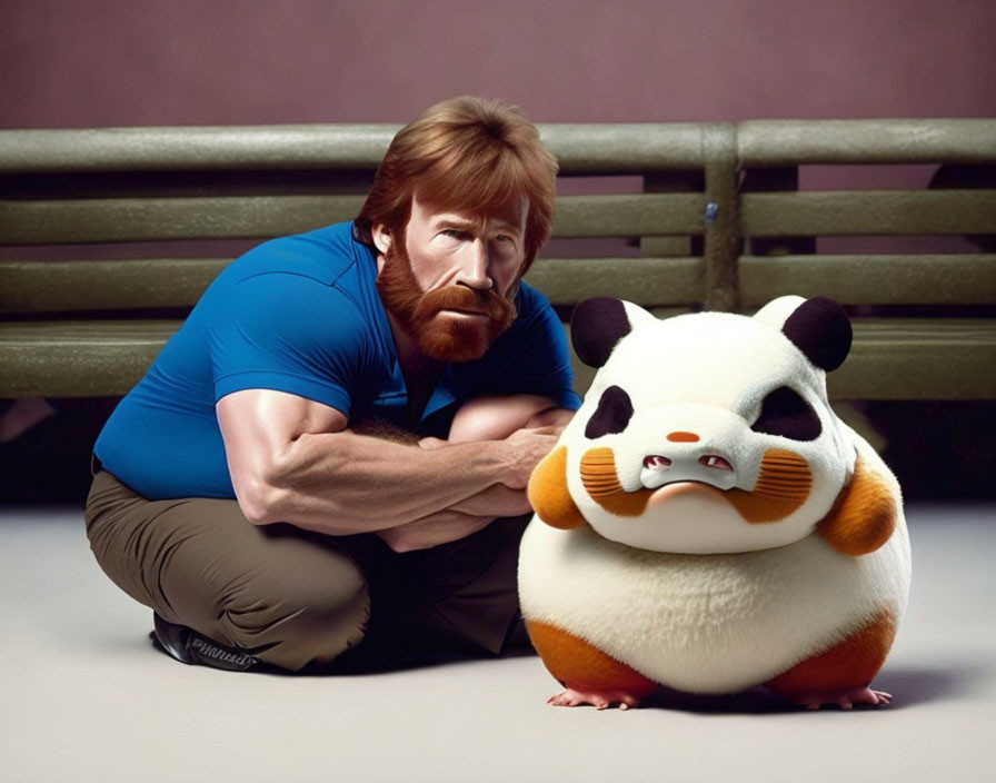 Muscular man in blue shirt squatting next to plump striped creature