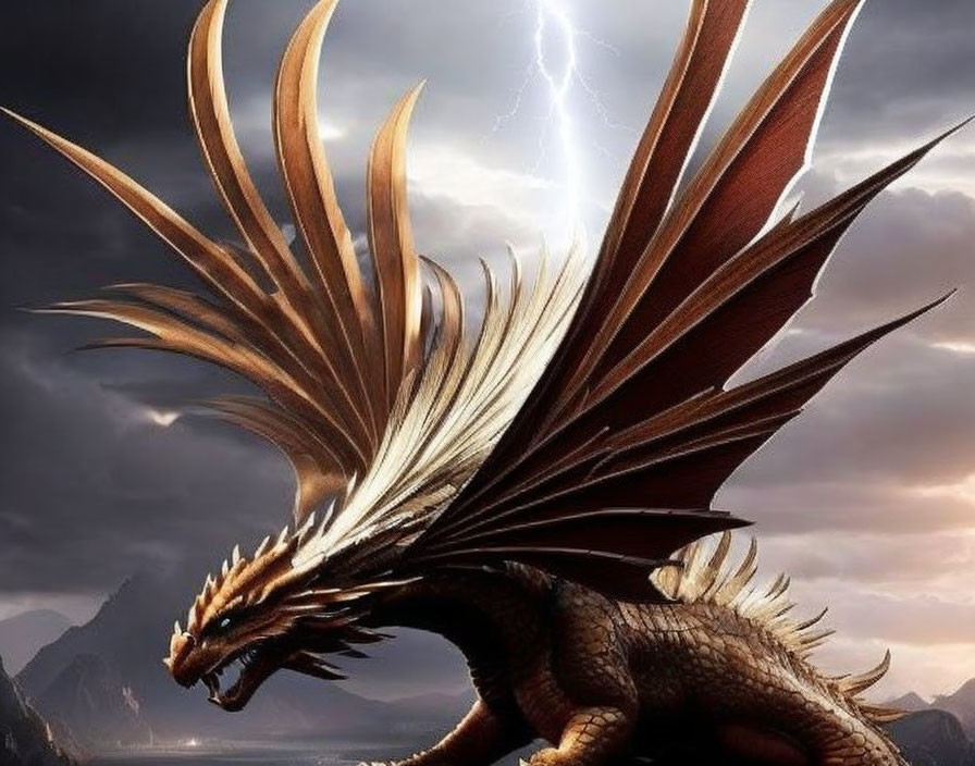 Majestic dragon with expansive wings and sharp scales under stormy sky