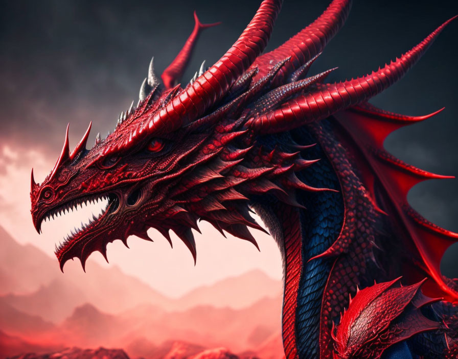 Vibrant red and blue dragon in dramatic cloudy sky