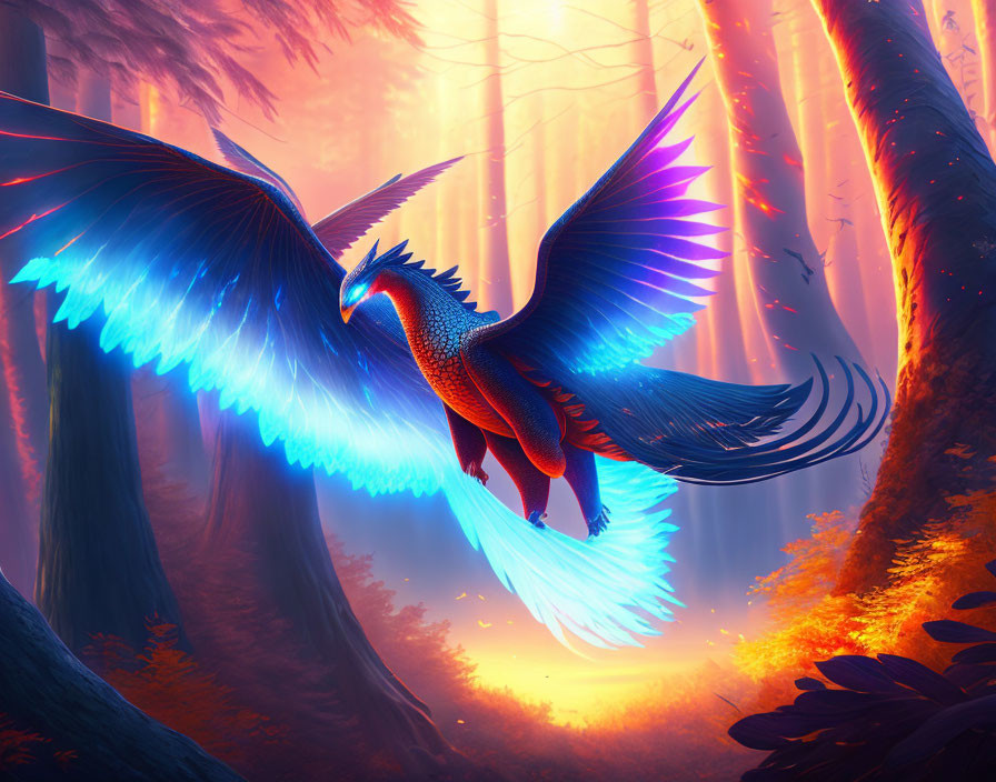 Majestic phoenix with blue wings in sunlit forest