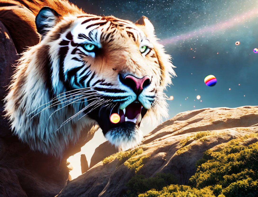 Roaring tiger in cosmic and nature scenes