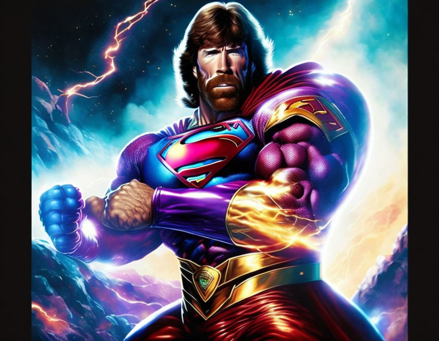 Muscular superhero with beard in 'S' emblem costume against cosmic lightning backdrop.