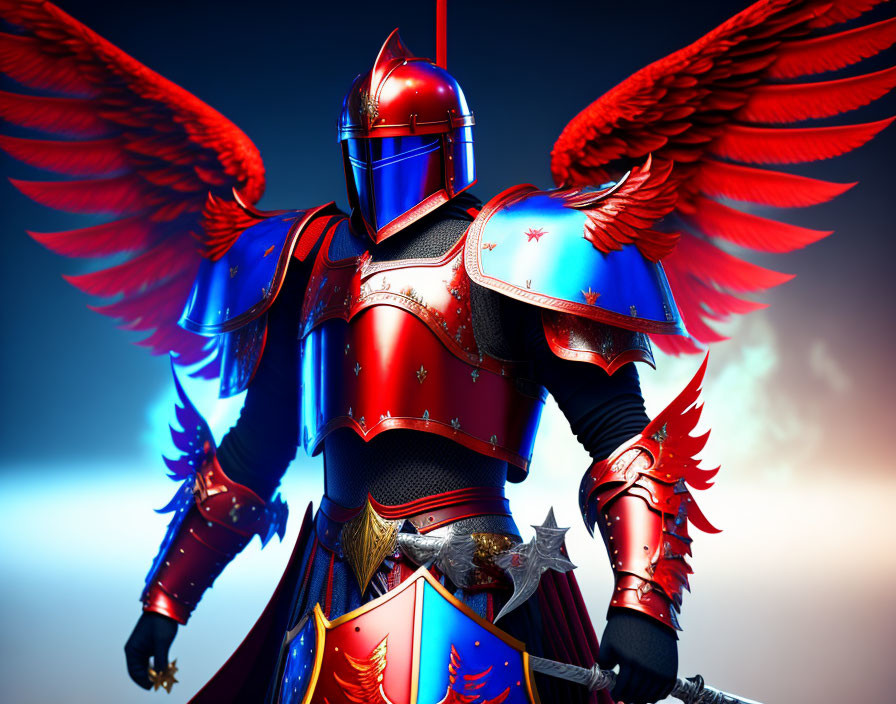 Red-armored knight with wings and shield against blue sky