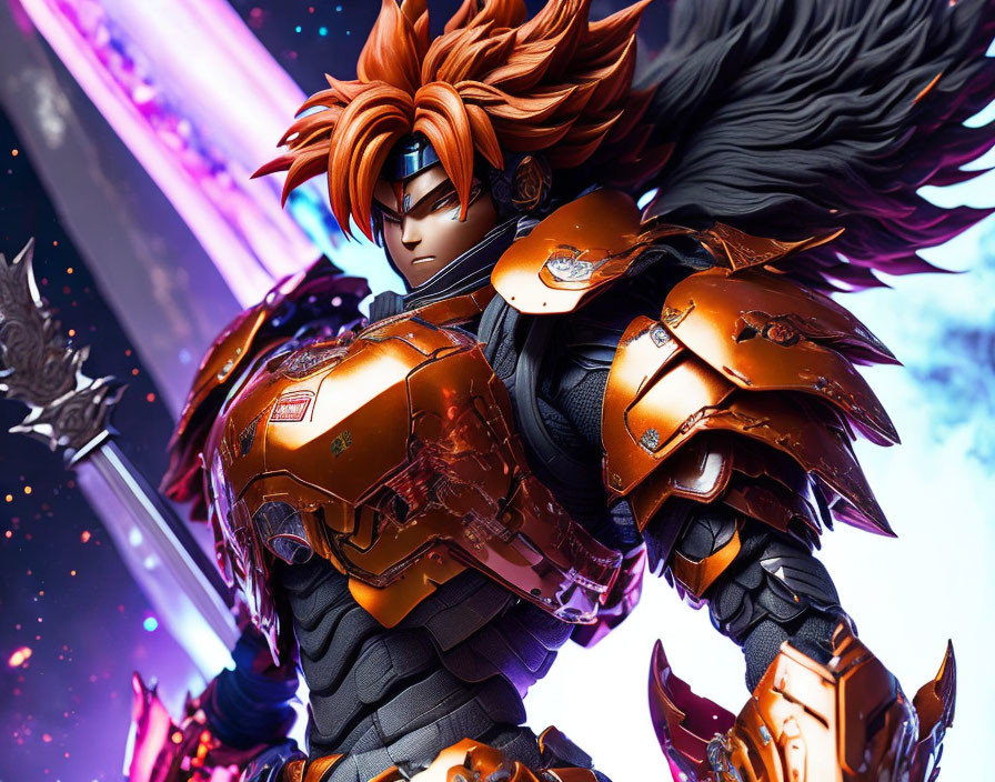 Anime-style warrior in orange armor with black wings and sword in cosmic scene