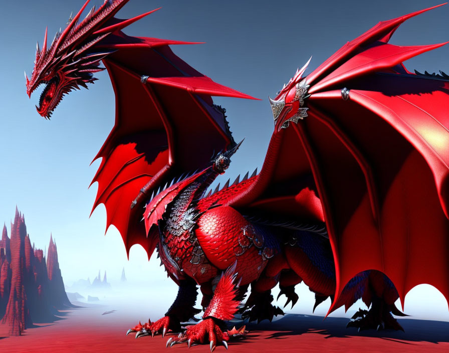 Red Dragon with Large Wings and Spikes in Desolate Rocky Terrain