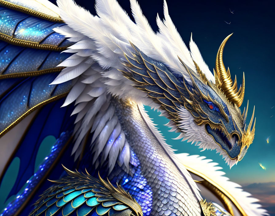 Blue and White Dragon with Feathered Wings in Starry Sky