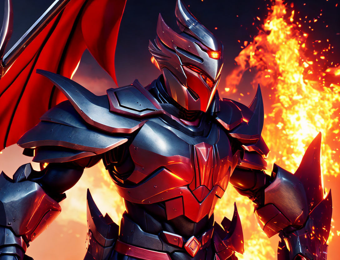 Armored warrior in red and silver suit against fiery backdrop