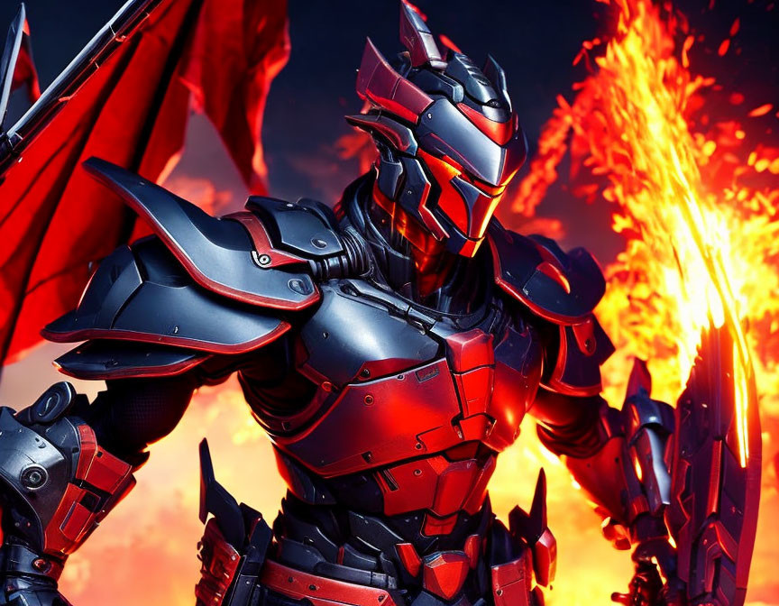 Knight in crimson and black armor with dragon in fiery background.