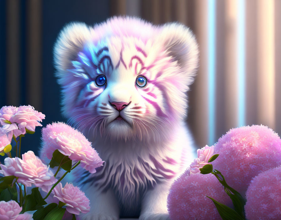 Pink and White Tiger Cub Among Flowers and Curtains