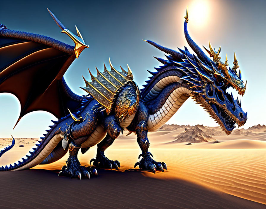 Blue dragon with golden horns and wings in desert landscape