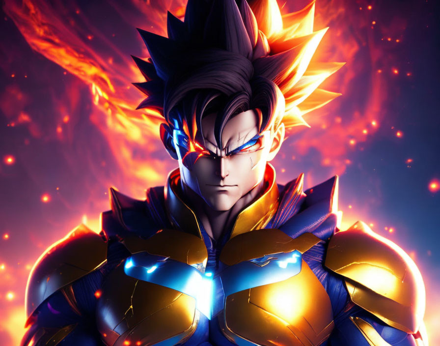 Spiky-Haired Animated Character in Armor on Fiery Background