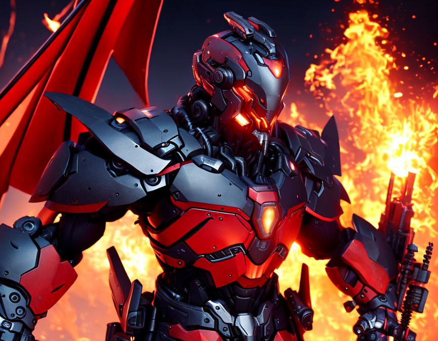 Detailed futuristic red and black mech suit in fiery battle backdrop