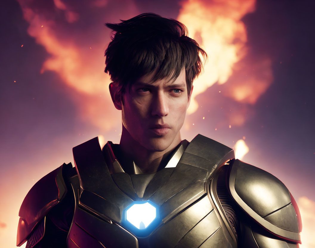 Digital artwork: Dark-haired person in futuristic armor with intense eyes and luminous chest emblem