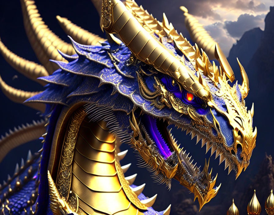 Golden dragon with red eyes in mountainous setting
