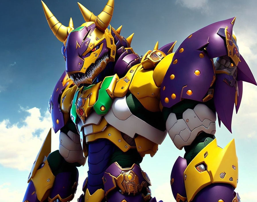 Vividly Colored Mechanical Dragon Warrior in Dramatic Clouds