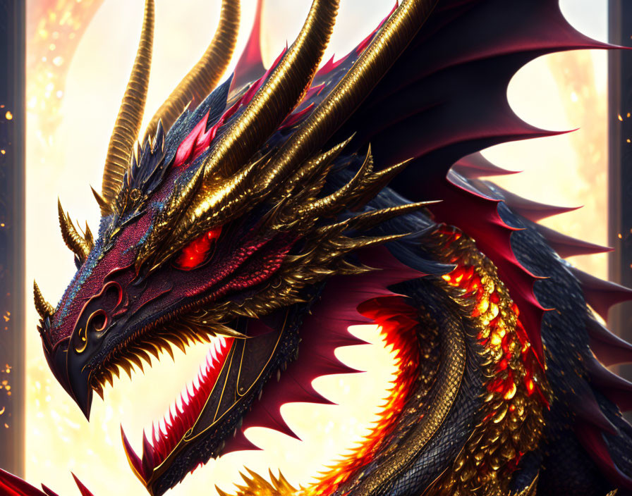 Majestic red and black dragon with golden details on warm backdrop